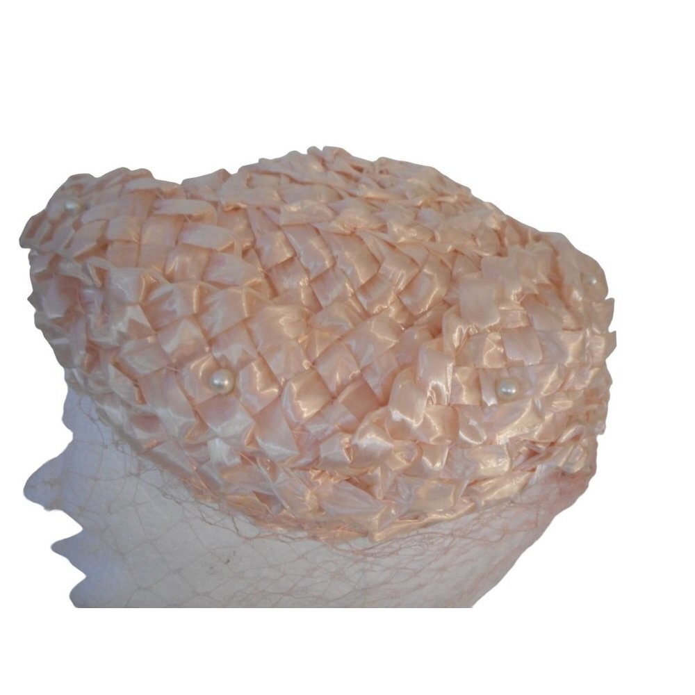 Vintage Womens Pink Juliet  hat w/ netting and bows woven design 1950s - Picture 3 of 7